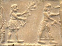 Sumerian cylinder seal impression dating to c. 3200 BC, showing an ensi and his acolyte feeding a sacred herd.