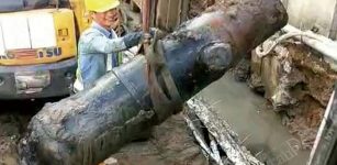 the old cannon dug out by an excavator on a construction site in the Inner Harbour area