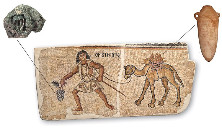  The mosaic of Kissufim near Gaza, depicting Orbikon the camel driver, captures the overland transport of the products of viticulture in the region during Late Antiquity. 