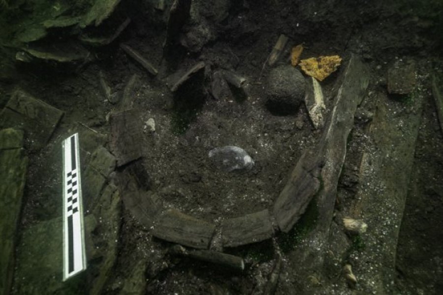 Wooden barrel with parts of the sturgeon (in orange) Photo: Brett Seymour