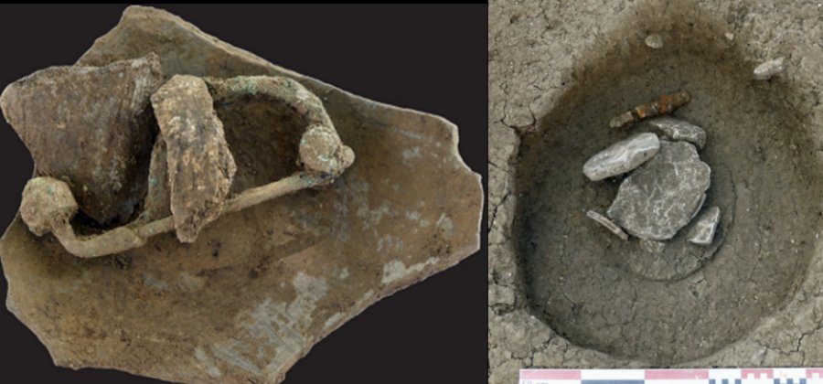  Left: Deposit of burnt bones and a fibula in copper alloy found at the bottom of an ossuary. Image credit: Claire Molliex/Inrap; Right: Gallic burial; ossuary under its limestone cover. Image credit: Florent Mazière, Inrap
