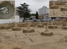 Pile foundations of the old post with traces (oblique) of Vine plantations of the Republican period. Image credit: Antoine Ratsimba/ Inrap