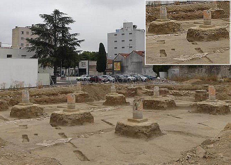 Pile foundations of the old post with traces (oblique) of vineyard plantations from the Republican period. Antoine Ratsimba, Inrap