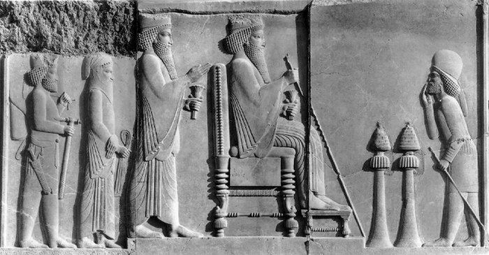 Bas-Relief From Persepolis, Ancient Persia). It shows Darius I, the Great, sitting on the throne, and he is followed by his son, Xerxes, the Crown Prince. Nehemiah - the Chief Cupbearer, is standing behind Xerxes. 