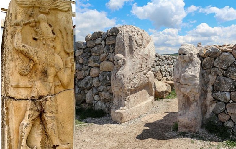 Left: Neo-Hittite storm god "Tarhunzas" in the Aleppo museum. Credit: Verity Cridland, Wikipedia, CC BY 2.0 - Right: Sphinx Gate, Hattusa, Turkey. Credit: Bernard Gagnon , Wikipedia, CC BY-SA 3.0