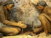 A diorama showing Homo erectus, the earliest human species that is known to have controlled fire, from inside the National Museum of Mongolian History in Ulaanbaatar, Mongolia.
