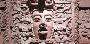 Maya mask. Stucco frieze from Placeres, Campeche. National Museum of Anthropology in Mexico City.