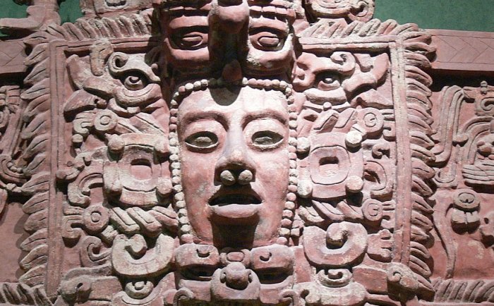 Maya mask. Stucco frieze from Placeres, Campeche. National Museum of Anthropology in Mexico City.