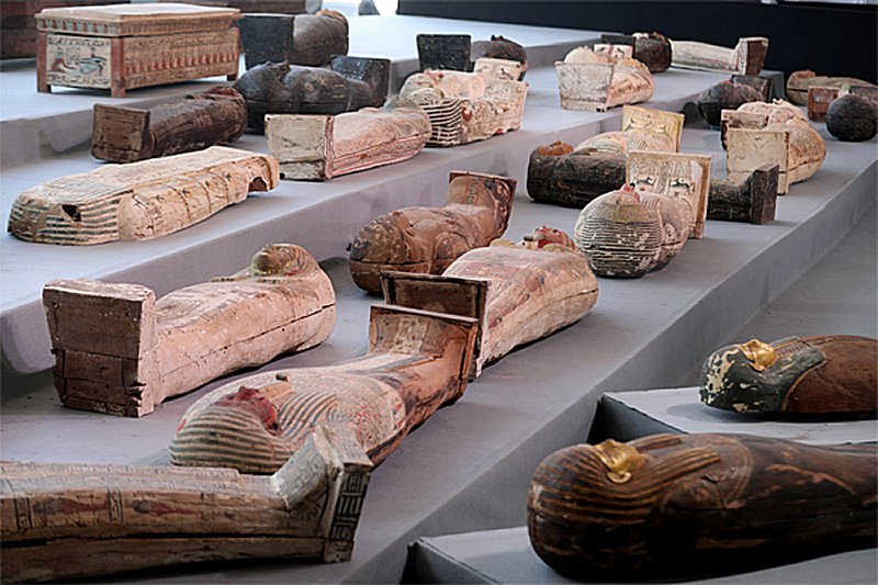 Sarcophaguses that are around 2500 years old, from the newly discovered burial site near Egypt's Saqqara necropolis, are seen during a presentation in Giza, Egypt November 14, 2020. REUTERS