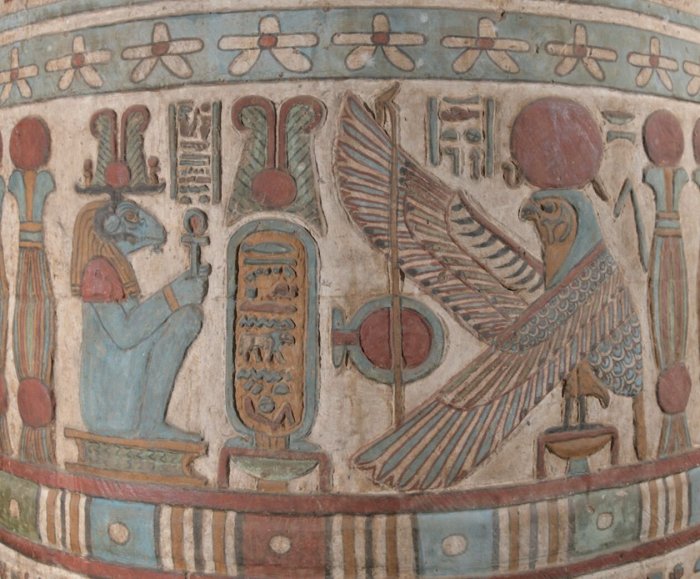 Detail of a frieze (autumn 2019). The cartouche contains the name of Hadrian, framed by the local god Khnum (left) and the solar god Behedeti (right). Credit: Ahmed Amin