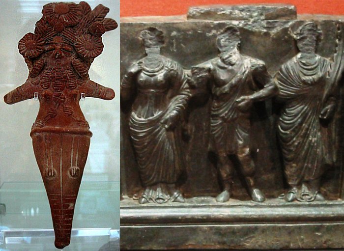  Left: Mother Goddess (fertility divinity), possibly derived from the Indus Valley Civilization, terracotta, Sar Dheri, Gandhara, 1st century BC, Victoria and Albert Museum Right: Hellenistic scene, Gandhara (1st century) 