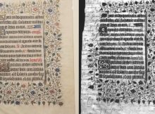 By using ultraviolet-fluorescence imaging, RIT students revealed that a 15th-century manuscript leaf held in RIT’s Cary Graphic Arts Collection was actually a palimpsest, a manuscript on parchment with multiple layers of writing. The image on the left shows the document as it appears in visible light, while the image on the right was produced by the student-built imaging system. Credit: Rochester Institute of Technology