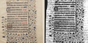 By using ultraviolet-fluorescence imaging, RIT students revealed that a 15th-century manuscript leaf held in RIT’s Cary Graphic Arts Collection was actually a palimpsest, a manuscript on parchment with multiple layers of writing. The image on the left shows the document as it appears in visible light, while the image on the right was produced by the student-built imaging system. Credit: Rochester Institute of Technology