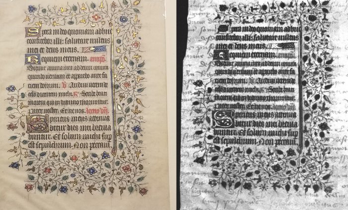 By using ultraviolet-fluorescence imaging, RIT students revealed that a 15th-century manuscript leaf held in RIT’s Cary Graphic Arts Collection was actually a palimpsest, a manuscript on parchment with multiple layers of writing. The image on the left shows the document as it appears in visible light, while the image on the right was produced by the student-built imaging system. Credit: Rochester Institute of Technology