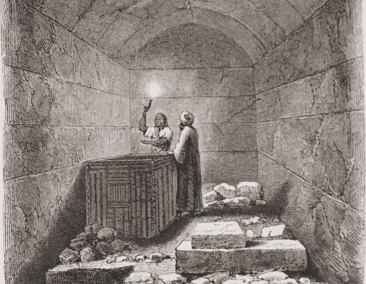 Sepulchral Chamber of Men-ka-ra. Men standing in a high-ceilinged tomb chamber.