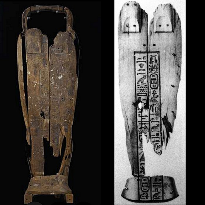 Left: Fragments of the lid of a wooden coffin have been found, probably from a restoration of the burial from the 26th Dynasty. The inscriptions on the wooden coffin name the owner "Osiris Menkaure, to whom eternal life was given, born from heaven, from the sky goddess Nut over you..." The coffin and skeletal remains are now in the British Museum . Right: Drawing of the anthropoid coffin fragment inscribed with the name of the king Menkaura made by excavator Richard Vyse and published in 1840. 