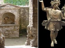 Left: Household altar in Herculaneum (Italy). Right: Bronze Lar Familiaris from the 1st century CE (M.A.N., Madrid