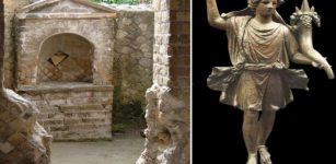 Left: Household altar in Herculaneum (Italy). Right: Bronze Lar Familiaris from the 1st century CE (M.A.N., Madrid