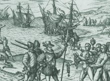 This Eurocentric engraving by Theodore de Bry in 1592 formed part of his America Series and showed Christopher Columbus landing on the Caribbean island of Hispaniola in 1492. De Bry published 25 books based on firsthand observations by explorers but never visited the New World. In this image we can see how he shows Columbus in a position of power and control. His books became famous and greatly influenced the European perception of the New World, Africa and Asia.