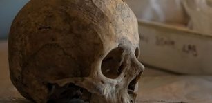 A human skull is placed on a table at the Çatalhöyük Human Remains Laboratory in Konya, Turkey