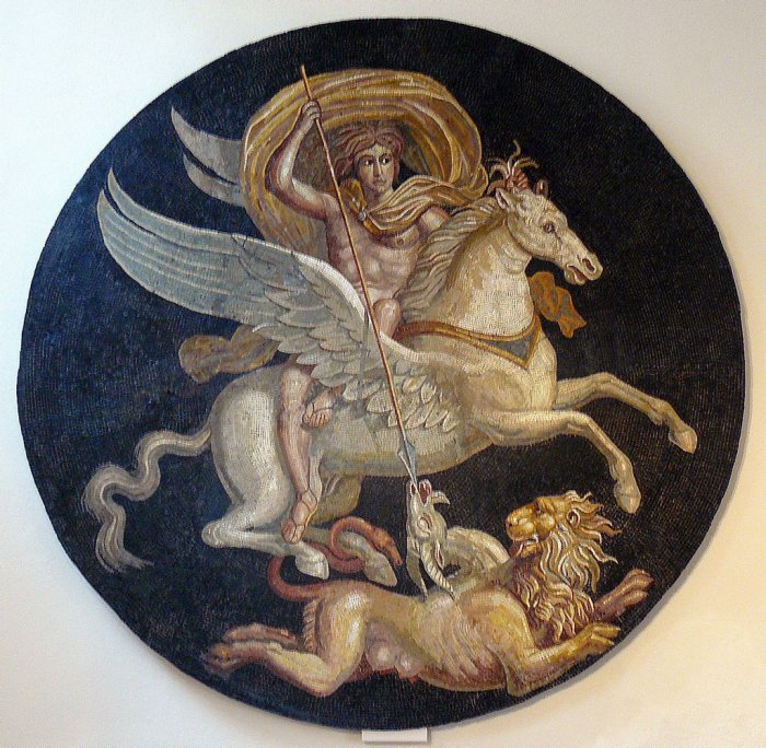 Bellerophon mounted on Pegasus and slaying the Chimera. Central medallion restored from a Roman mosaic of more than 100 m2 discovered in 1830 in Autun (Saône-et-Loire, France) 
