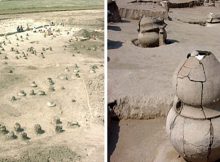 Szigetszentmiklós-Ürgehegy ‘urnfield’ during excavation and a typical Vatya burial.