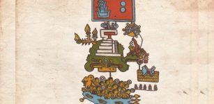 Pictogram representing an earthquake that took place on the year 2 Reeds or 1507. The gloss describes that the pictogram recounts the drowning of 1,800 warriors in an unidentified river, presumably in southern Mexico, the termination of the temple of the New Fire, where the ceremony of the new cycle of life was celebrated, and a solar eclipse as a circle with rays emanating from it in the upper right-hand side, below the date sign. Credit: Gerardo Suarez and Virginia Garcia-Acosta