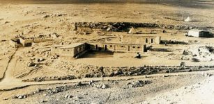 The cliff south of the site, as documented by the first expedition to Lachish. The photo was taken from site in 1932, with the Assyrian ramp shown as the whitish area in the lower right corner