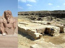 Left: Statue of Pharaoh Ramesses II at Tanis, Egypt. Credit: Einsamer Schütze - CC BY-SA 3.0 - Right: Tomb group at the Royal cemetery, view to the entrance of the tomb of Psusennes I, San el-Hagar (Tanis), Egypt. Credit: Roland Unger - CC BY-SA 3.0