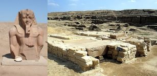 Left: Statue of Pharaoh Ramesses II at Tanis, Egypt. Credit: Einsamer Schütze - CC BY-SA 3.0 - Right: Tomb group at the Royal cemetery, view to the entrance of the tomb of Psusennes I, San el-Hagar (Tanis), Egypt. Credit: Roland Unger - CC BY-SA 3.0