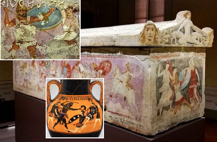 Sarcophagus Of The Amazons: Etruscan Coffin With Paintings Of Dynamic Fighting Scenes Of Greeks With Amazons