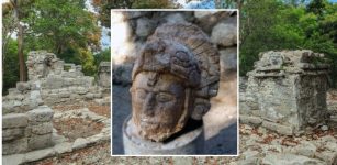 Sculpted Head Of Ancient Warrior Wearing A Serpent Helmet Found At Chichen Itza