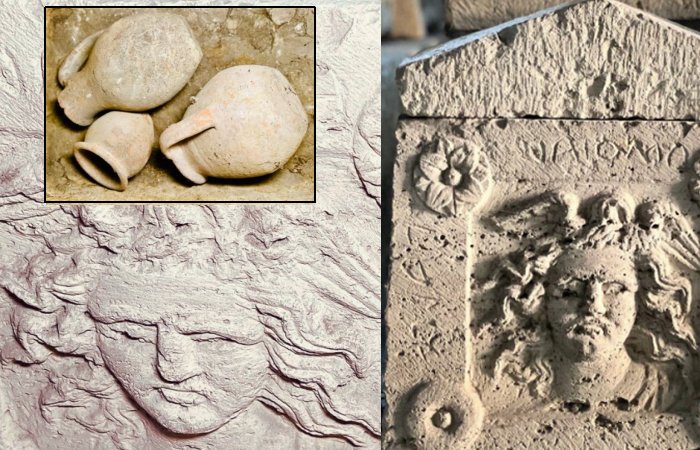 Etruscan Urn With Skillfully Adorned Medusa Relief Discovered In The Palazzone Necropolis, Perugia, Italy