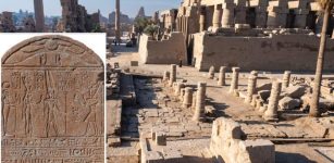Rare Stone Stela Of Emperor Tiberius Standing Before The Theban Triad, Unearthed During Restoration Of The Gate Of Ramses III at Karnak, Egypt